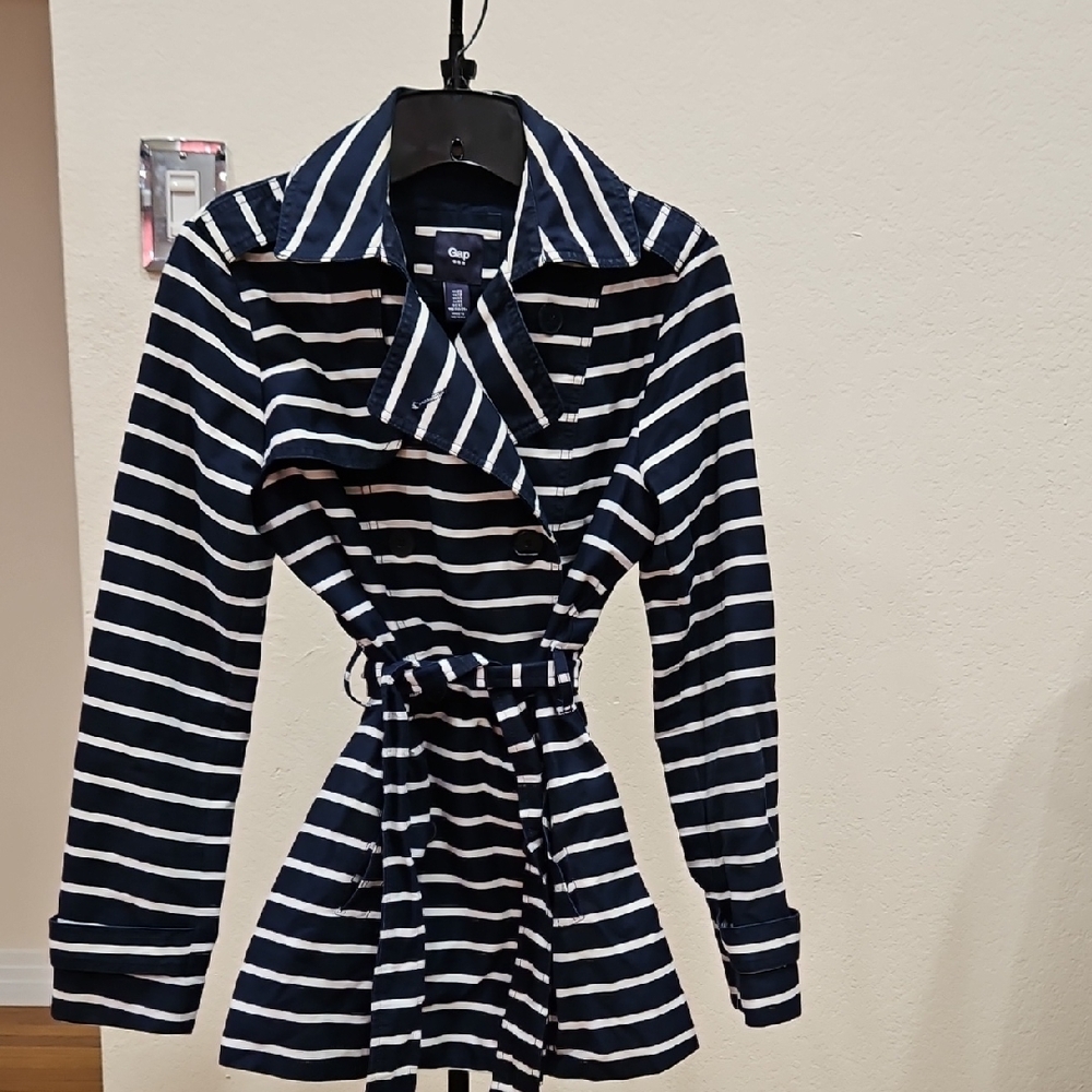 GAP Navy and White Striped Belted Short Trench Jacket - Sz XS